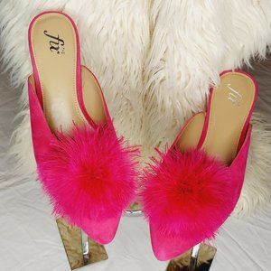 Hot Pink Suede low heeled slide ons with hot pink puff